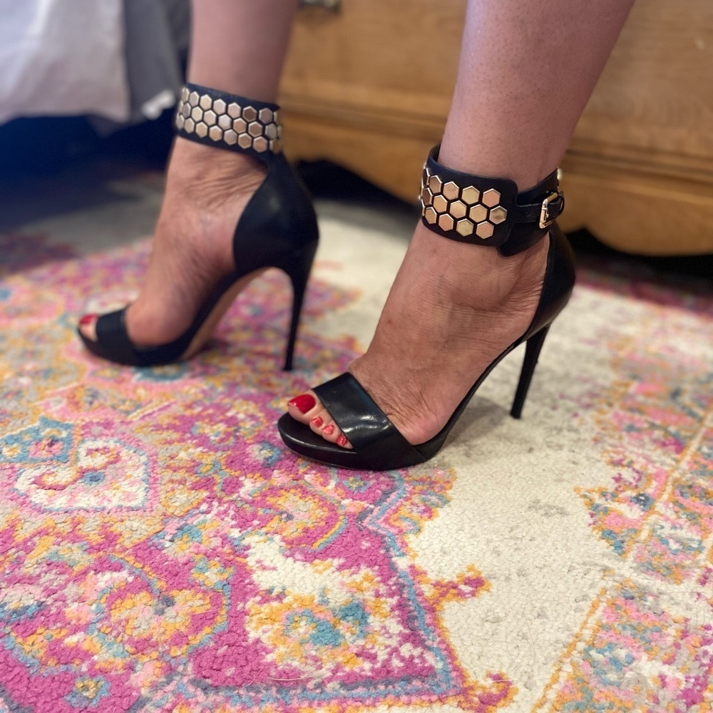 Marciano black with gold strap sandal heels